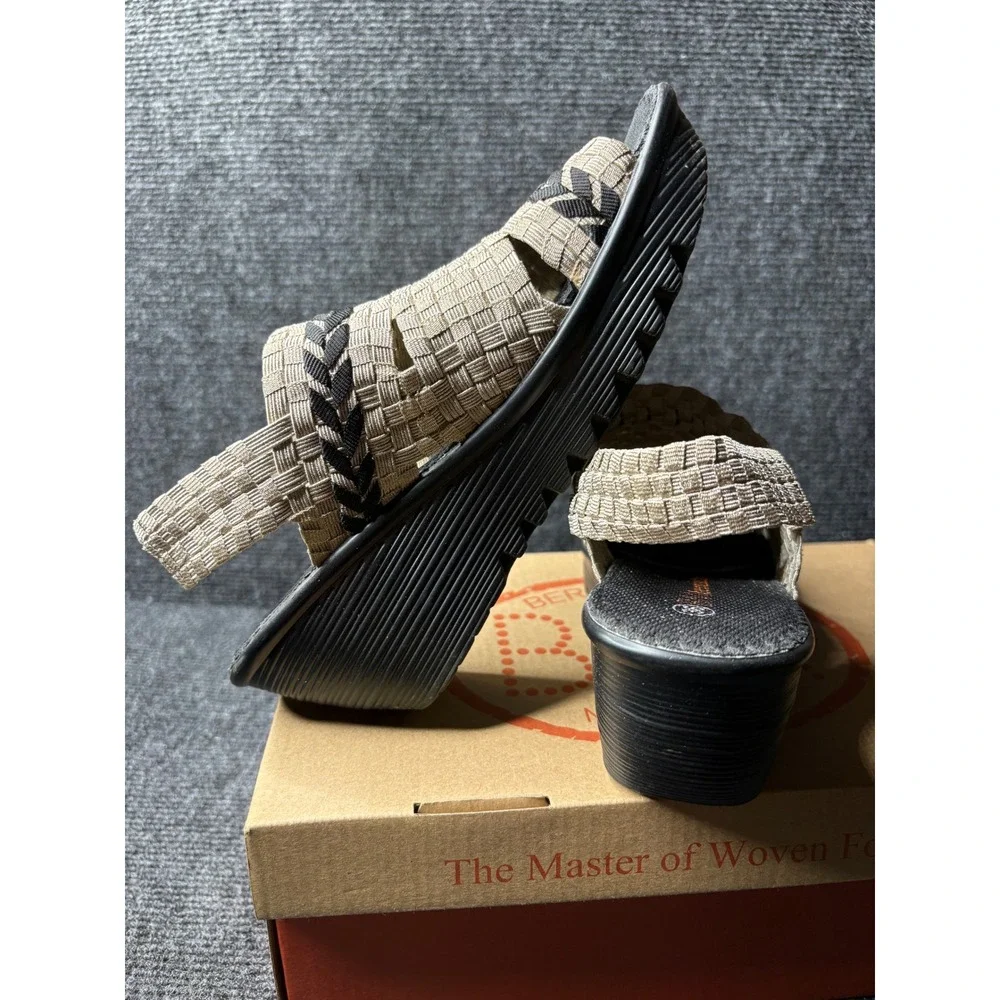 Bernie Mev Braided Level Light Gold Black Woven Wedge‎ Sandals Womens 6 36
